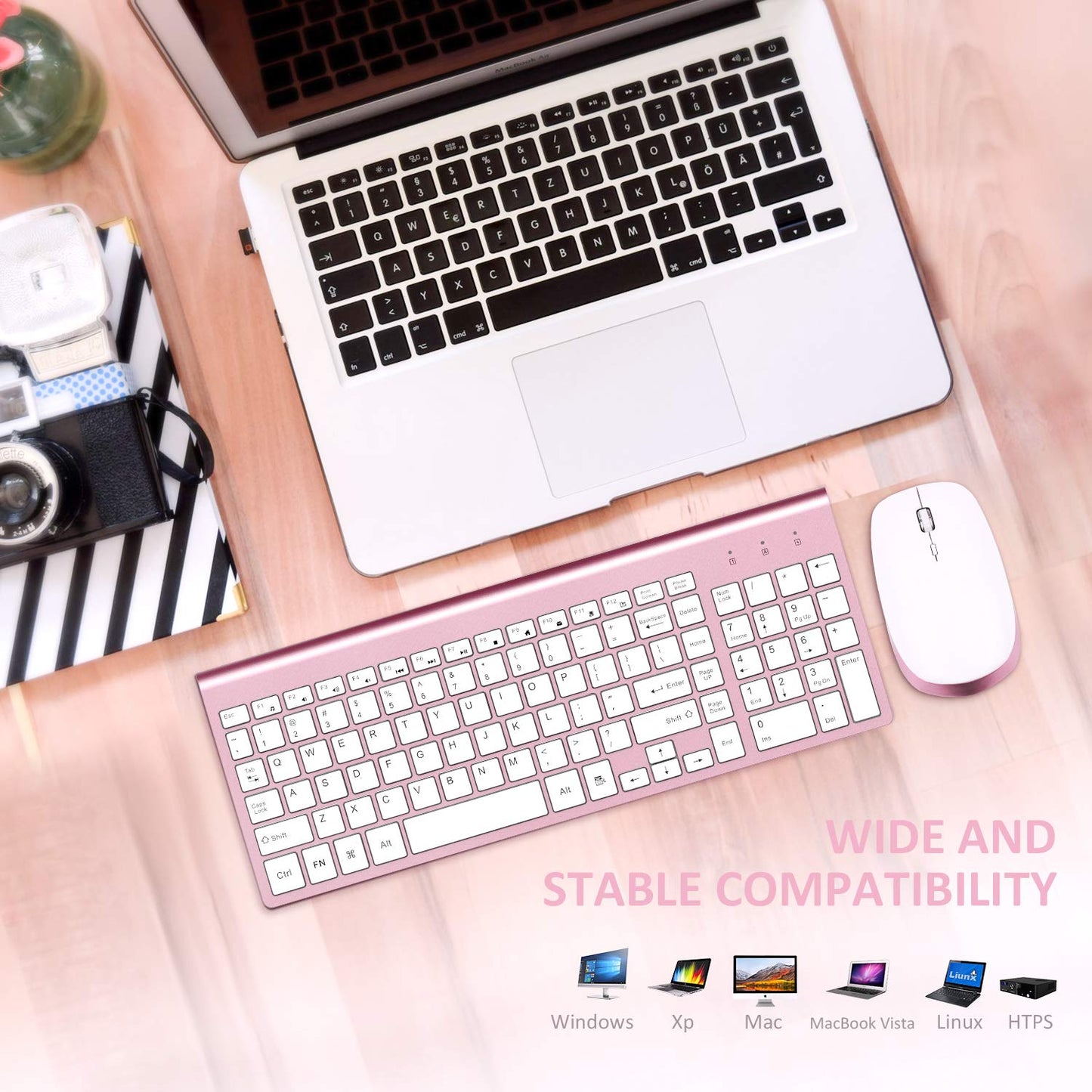 FENIFOX Keyboard and Mouse Wireless, USB 2.4GHz Combo Silent Quiet Low Profile Compact Full Size Flat Slim Thin Portable with Number Pad Soft Cover