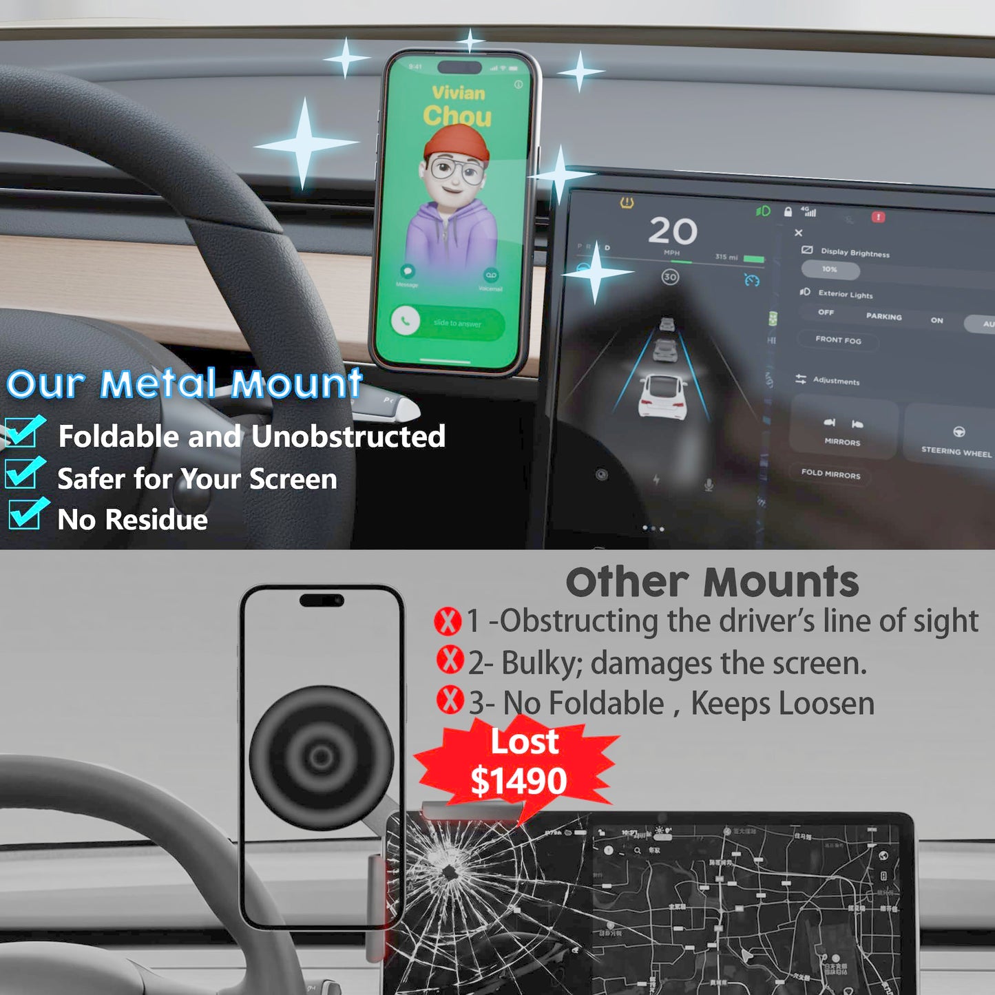 aufyer for Magsafe Car Mount, Strong Magnetic Phone Holders for All Tesla, 360° Adjustable Aluminum Car Phone Mount,Foldable Hidden Behind Display,Fit