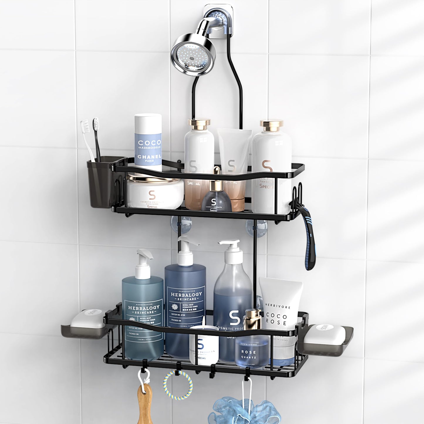 Aitatty Hanging Shower Caddy – Rustproof Over Shower Head Organizer with Shelves & Soap Holder – No Drilling, Black