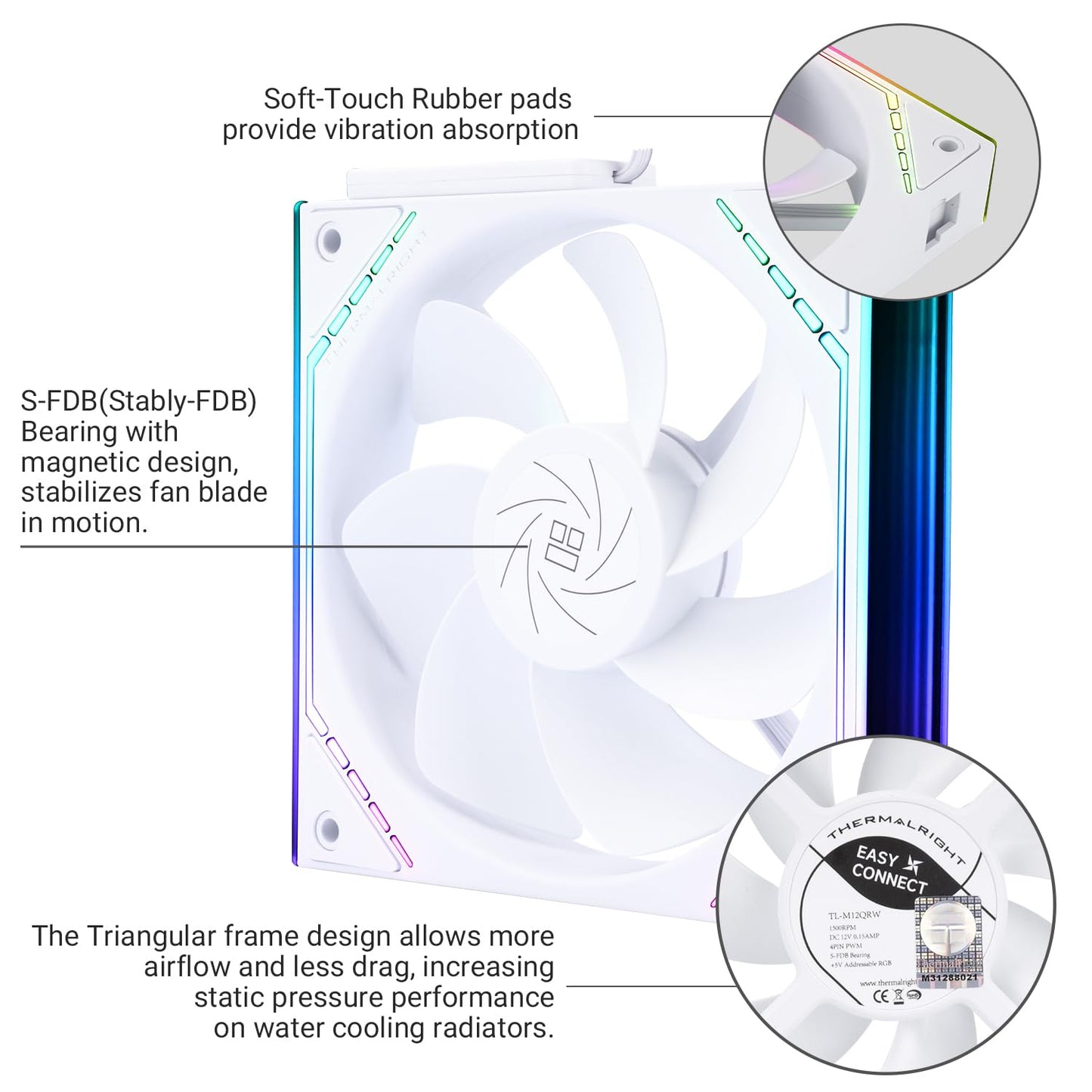 Thermalright TL-M12QRW CPU Fan 120mm Case Cooler, PWM Connector Silent Computer Cooling with S-FDB Bearing,PC Fan with ARGB Mirror Light Effect,Low