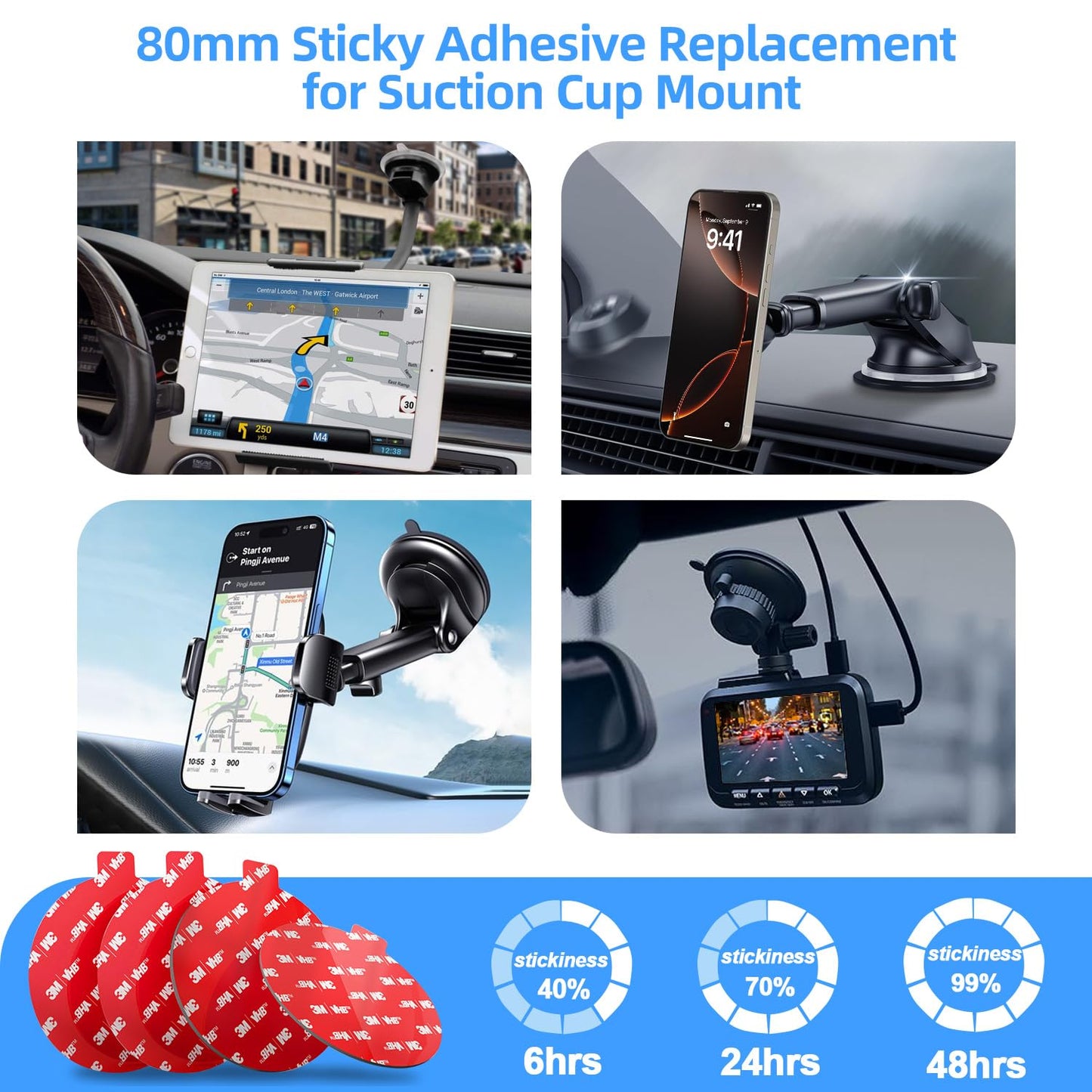 volport Sticky Adhesive Replacement for Dashboard Suction Cup Mount, 80mm (3.15") 4pcs Circle Double-Sided Extra Strong Adhesive Sticker Tapes