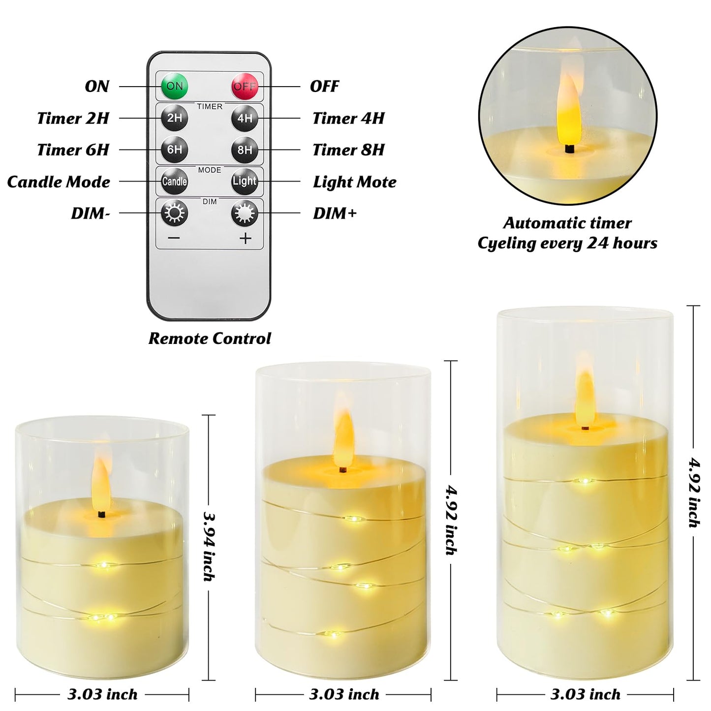 Homwamee Flickering Flameless Candles with Remote Timer- LED Candles Set of 3(4”/5”/6”), Battery Powered Candle in Glass Safe