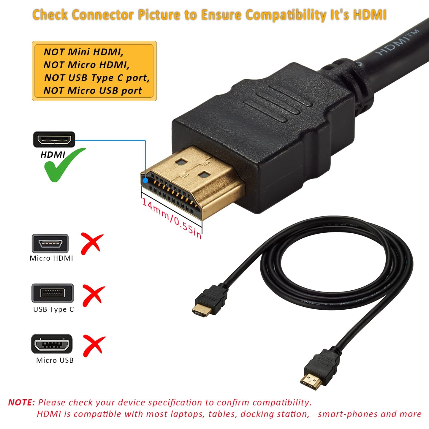 Bawofu HDMI to HDMI Cable 2.0, High Speed 4K 60Hz HDMI Adapter Male to Male, Compatible with Camera, Camcorder, Laptops, Graphics Card, HDTV, Tablet