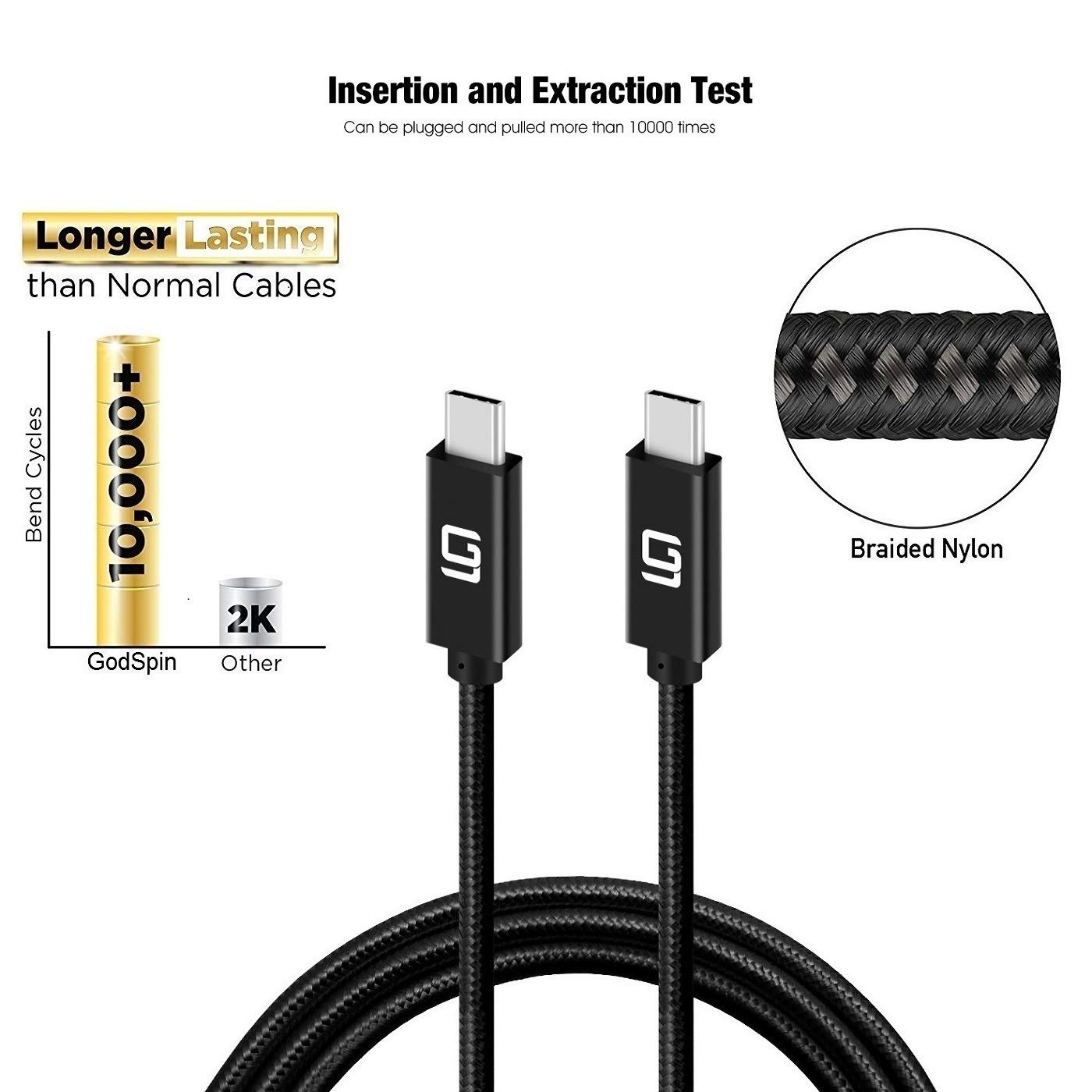 GodSpin USB C to USB C Cable (20Gbps) SuperSpeed [Certified] USB Type-C to USB Type-C, 100W Power (USB 3.1, 3.2, Thunderbolt 3) Nylon Braided, Dual 4k