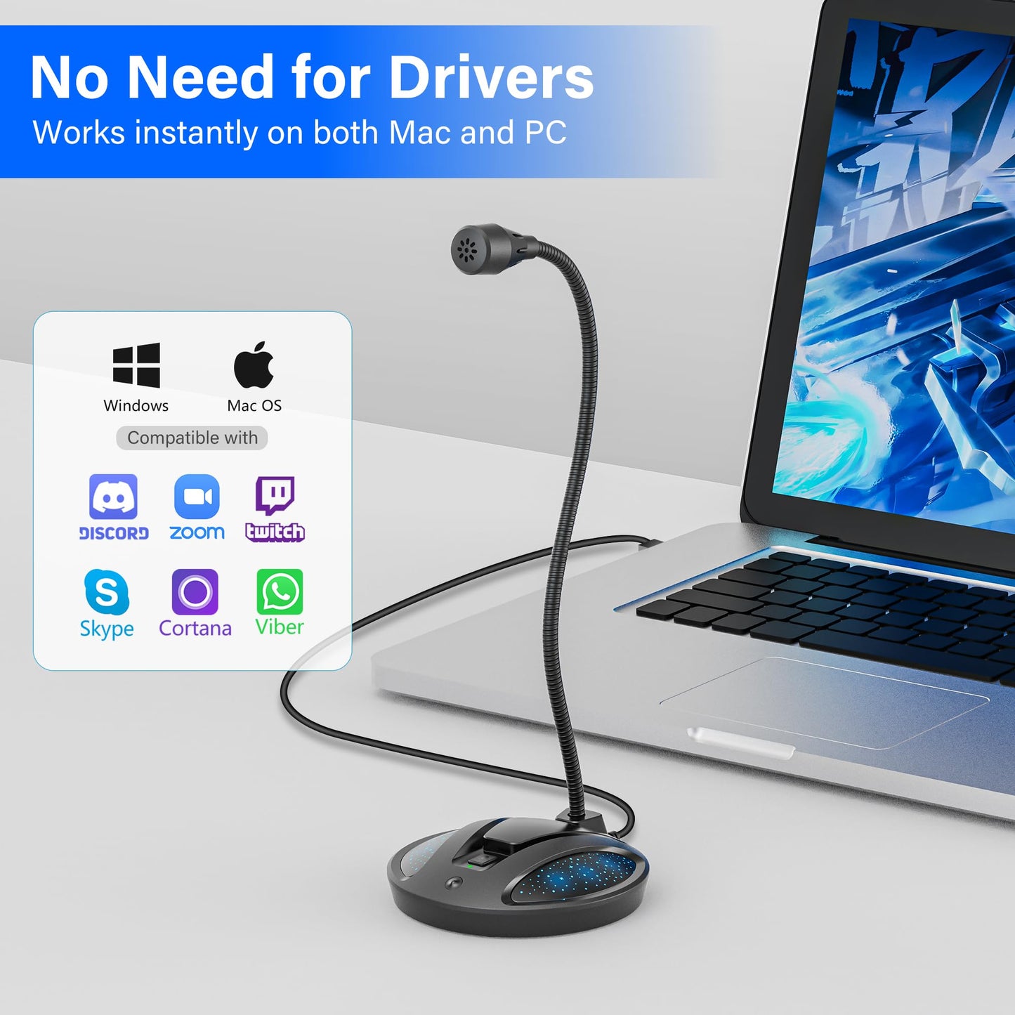 CMOCIIY Plug & Play USB Computer Microphone, Flexible Gooseneck Desk Microphone for Podcasting, Streaming, Conference, Noise Canceling Microphone with