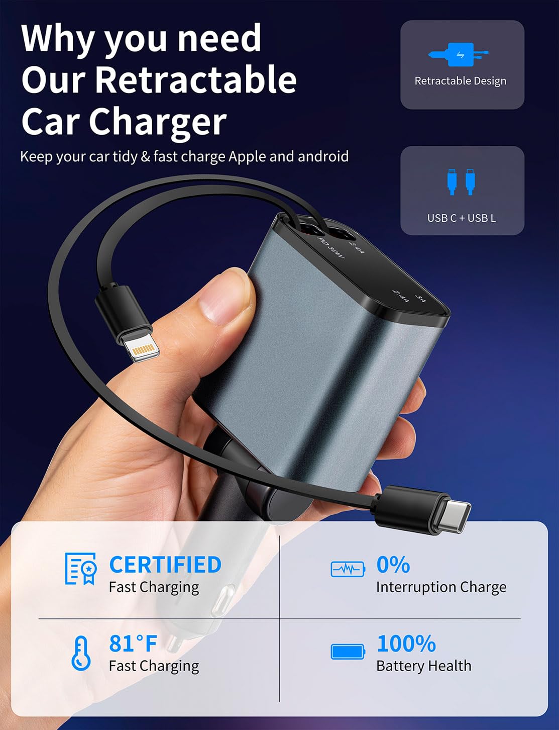 2Pack 4 in 1 Retractable Car Charger, 69W USB C Car Accessories Adapter for iPhone 17 USB C Charger Fast Charging,Truck Accessories,Travel Essentials