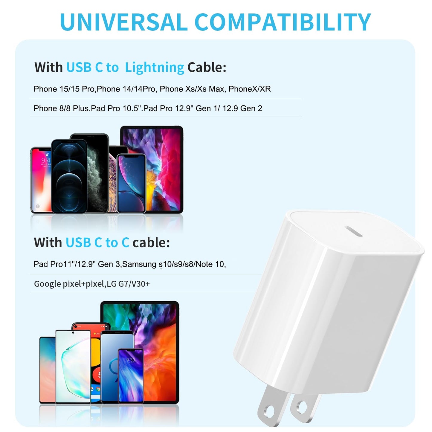 3 Pack USB C Charger Block Fast Charging Adpater PD 20W USB-C Port for i Phone 16/15/14/13/12/11/X/8, i Pad, Sam Sung, Go Ogle, Galaxy & More - White