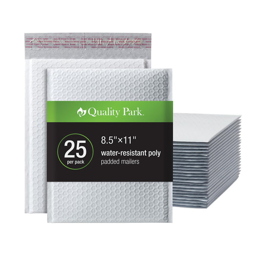 Quality Park Bubble Mailers, 8.5 x 11 Shipping Envelopes, Water Resistant White Poly Padded Envelopes, Redi-Strip Peel Off Closure, 25/Box (QUA85859)