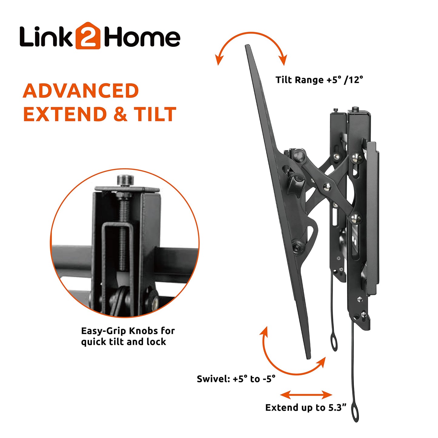 Link2Home Extend & Tilt TV Wall Mount for 42" - 90" TVs, Up to 154 lbs., VESA 600/400, Fits Flat and Curved TVs, Auto Locking Mechanism, Black