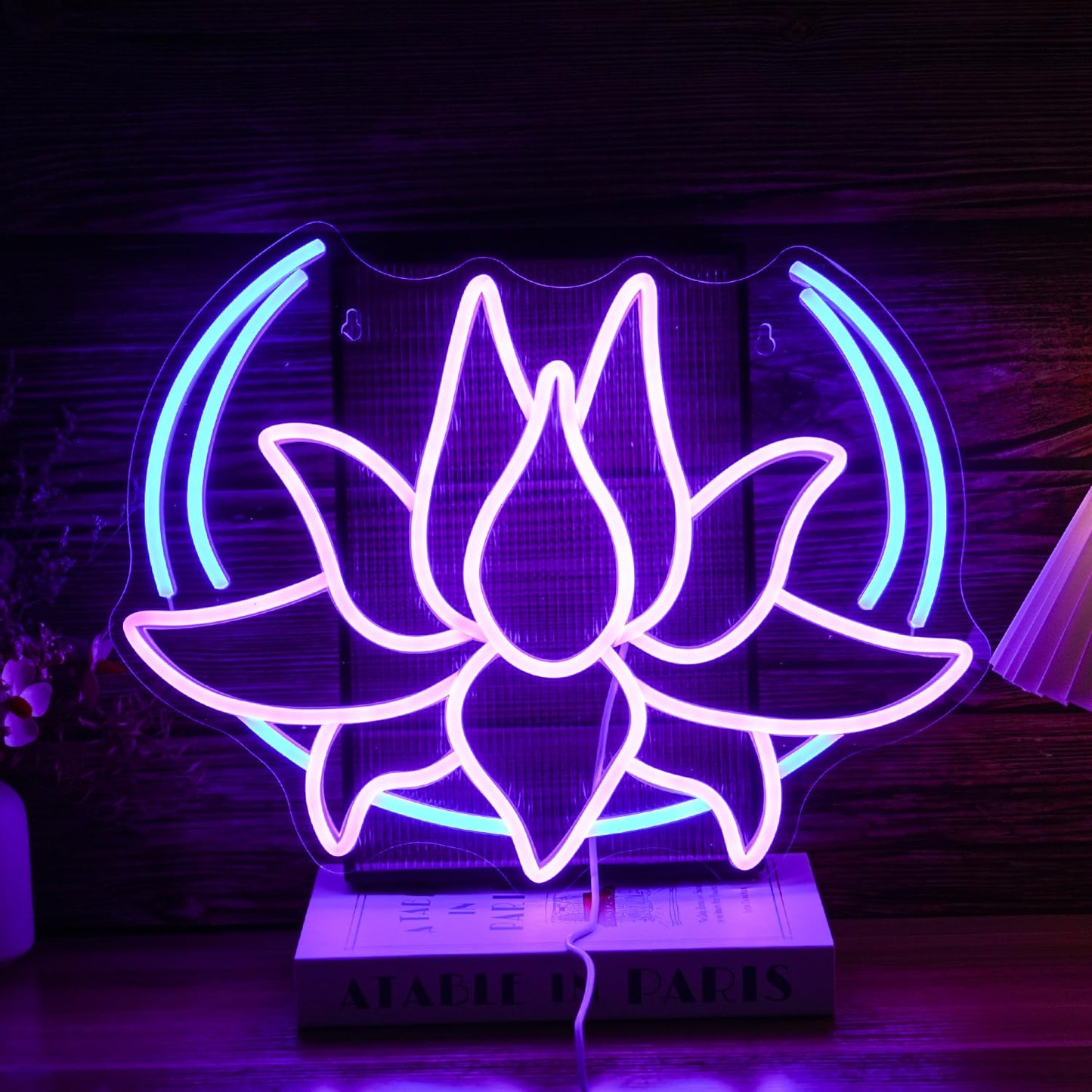 BNEMCEZH Moon Lotus Flower Neon Sign Dimmable Blue Moon Neon Light Sign for Wall Decor USB Power Purple Lotus Led Light Up Sign for Bedroom Yoga Room