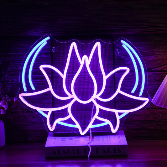 BNEMCEZH Moon Lotus Flower Neon Sign Dimmable Blue Moon Neon Light Sign for Wall Decor USB Power Purple Lotus Led Light Up Sign for Bedroom Yoga Room