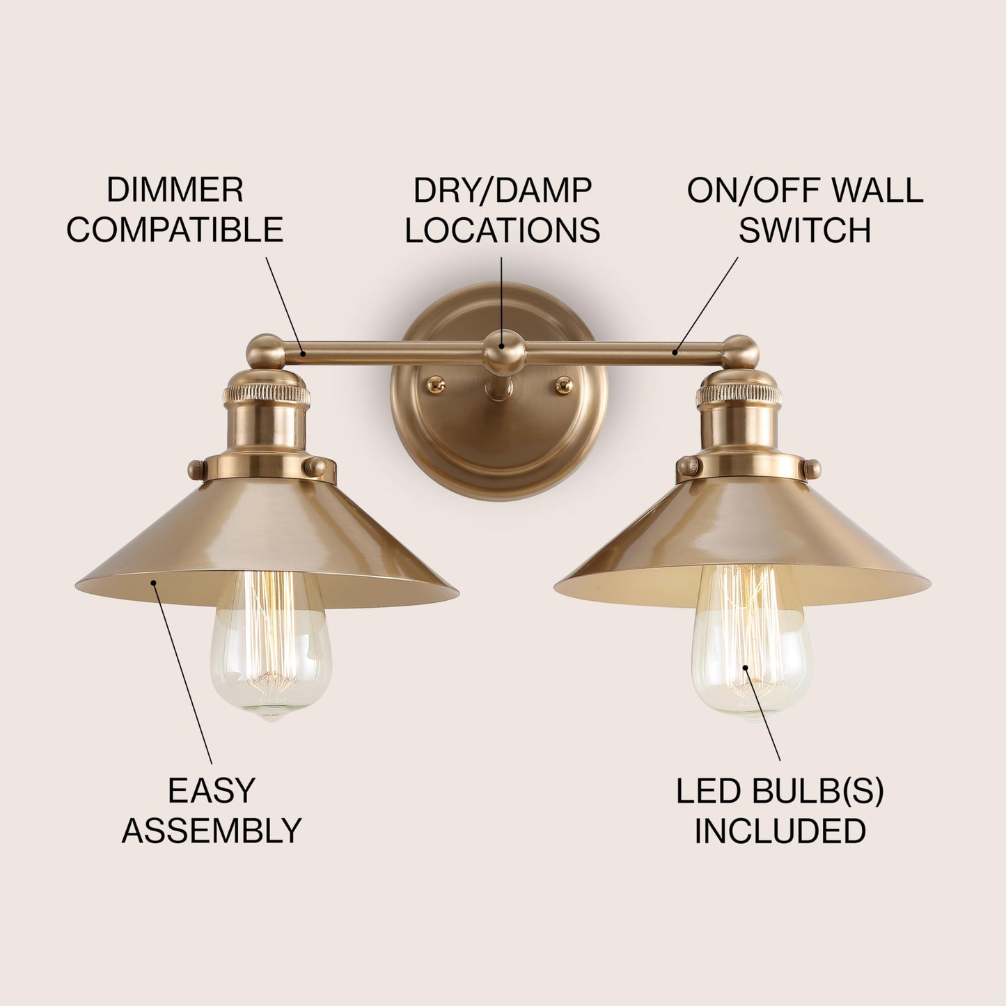 JONATHAN Y 17.5" Brass Gold 2-Light Industrial Farmhouse Metal Vanity Light Wall Sconce, Metal Shade for Bathroom Mirror, Kitchen, Entryway, LED Bulb