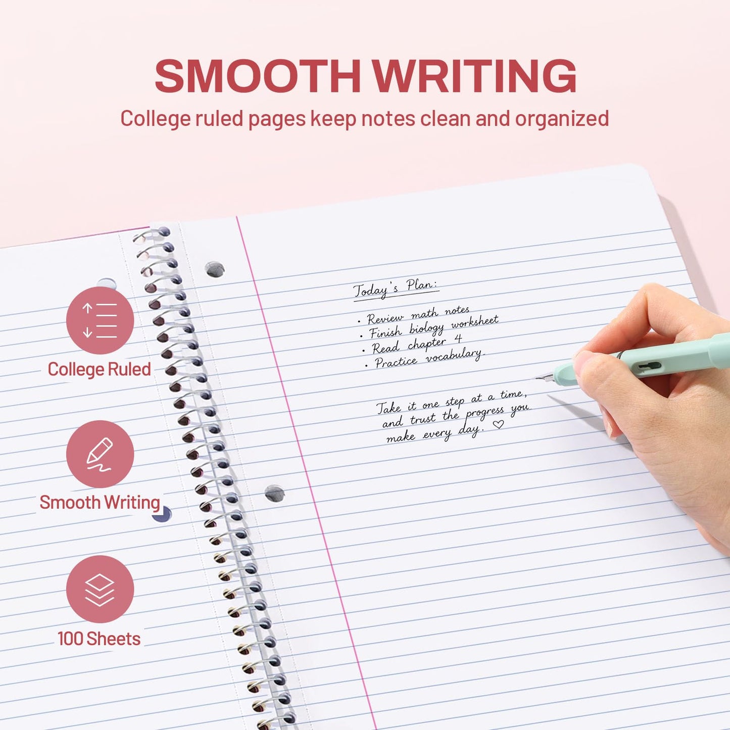 SUNEE Spiral Notebook, 1-Subject, College Ruled Paper, 8" x 10-1/2", 100 Sheets per Notebook, 3-Hole Punched Paper, Water Resistant Cover