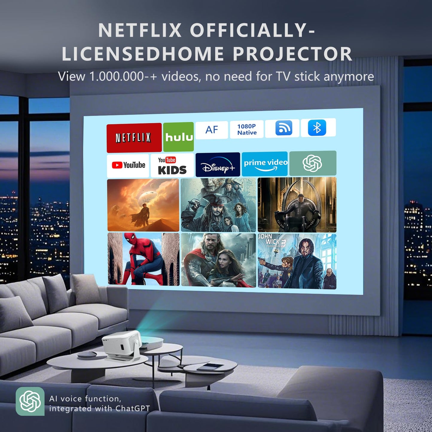 Netflix Officially 4K Smart Projector with WiFi and Bluetooth, AI Auto Focus 800 ANSI 1080P Native Portable Outdoor Indoor Home Video Projectors