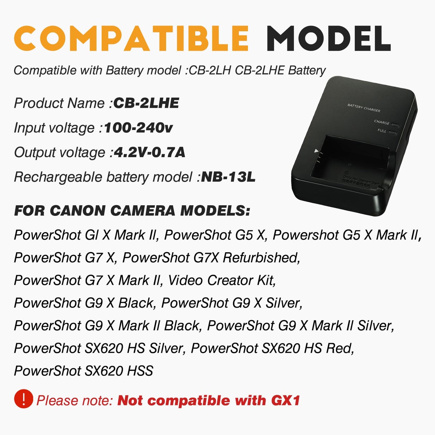 Fast USB Charger for NB-13L Battery (CB-2LH/CB-2LHT)| Compatible with Canon G7X G7X Mark II III G1 X Mark III G5X G5X Mark II G9X G9X Mark II SX620