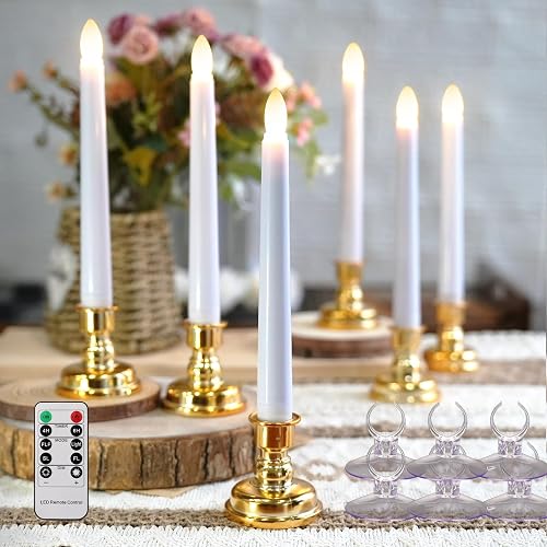 FPOO 6PCS Christmas Window Candles with Timer, Led Flickering Flameless Candles with Remote, Battery Operated Taper Candles Provide Realistic Warm