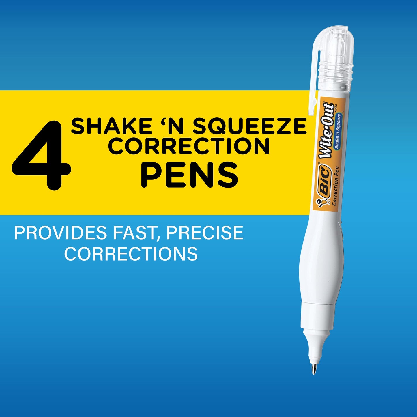 BIC Wite-Out Brand Shake 'n Squeeze Correction Pen, 8 ML Correction Fluid, School Supplies for Students and Teachers, Fast and Precise, 4-Count Pack