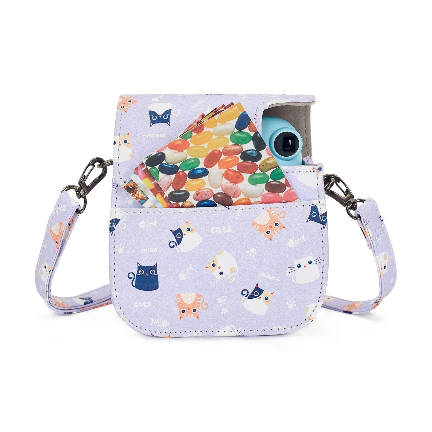 Phetium Instant mini 12 Camera Protective Case Compatible with Instax Mini 12 11,PU Leather Bag with Pocket and Adjustable Shoulder Strap (Purple Cat)