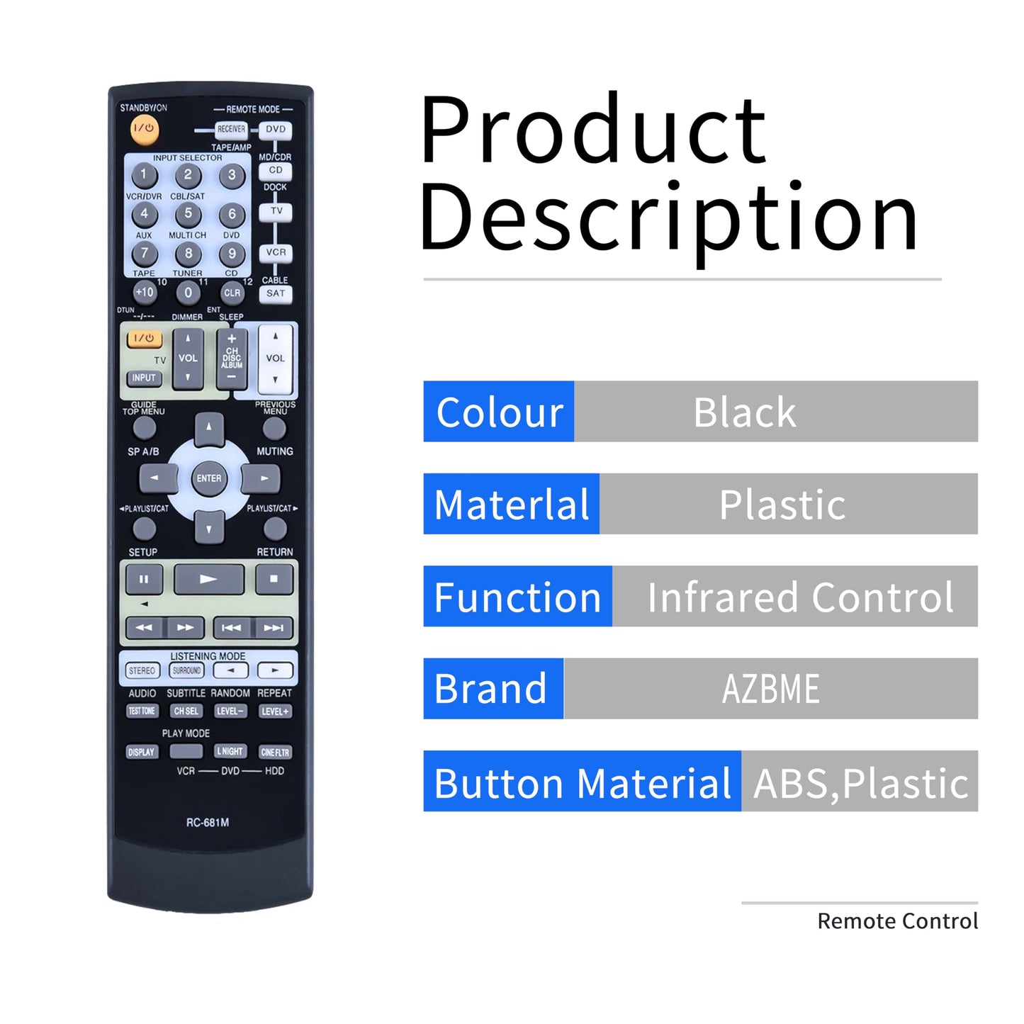 RC-681M Remote Control for Onkyo AV Receiver HT-R550 HT-R508 HT-R557 HT-R557 HT-SR750 HT-SP904 HT-SP904B HT-SR800 TX-SR505 TX-SR505E TX-SR505B