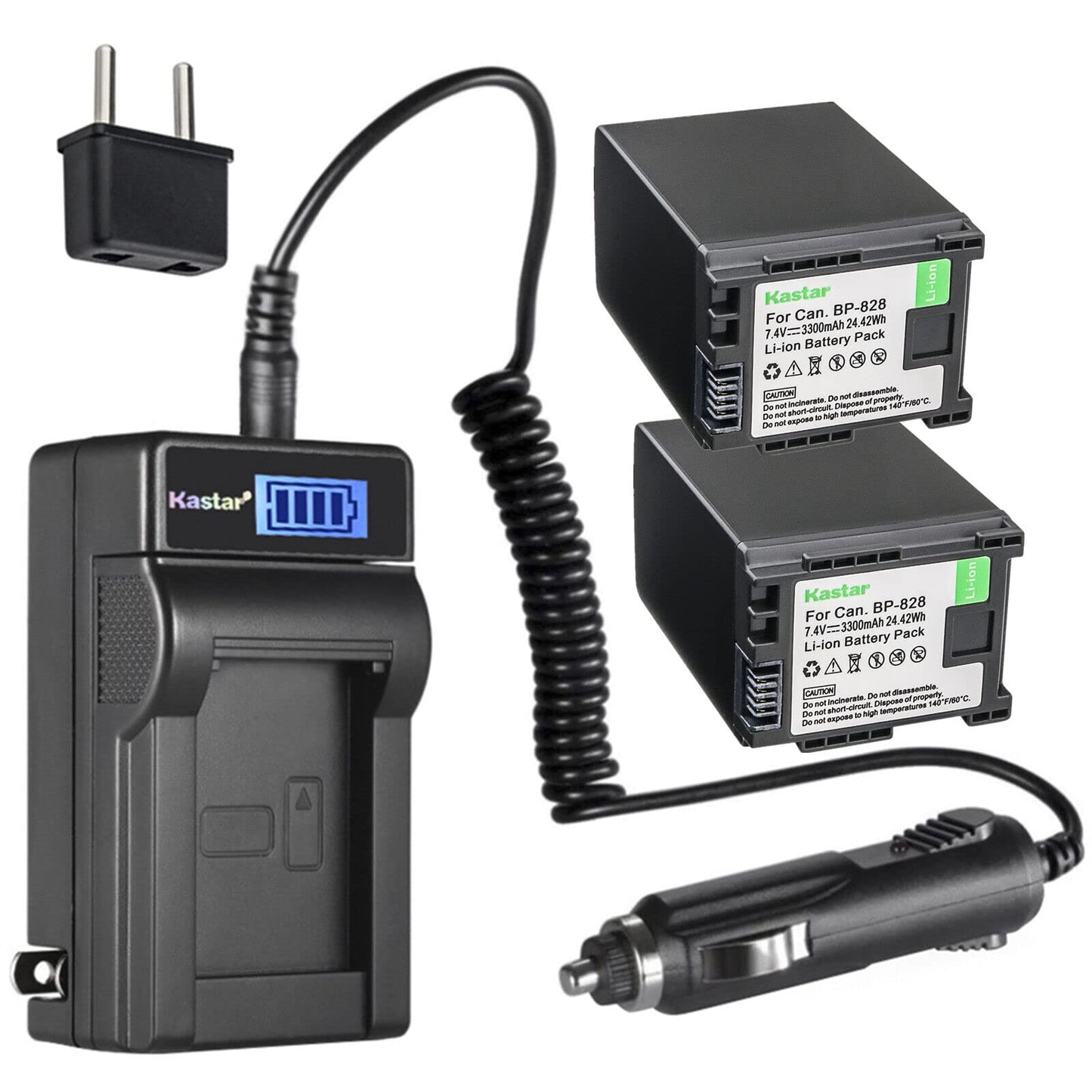 Kastar 2-Pack BP-828 Battery and LCD AC Charger Compatible with Canon XF400, XF405, XA10, XA11, XA15, XA20, XA25, XA30, XA35, XA40, XA45, XA50, XA55