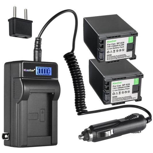 Kastar 2-Pack BP-828 Battery and LCD AC Charger Compatible with Canon XF400, XF405, XA10, XA11, XA15, XA20, XA25, XA30, XA35, XA40, XA45, XA50, XA55