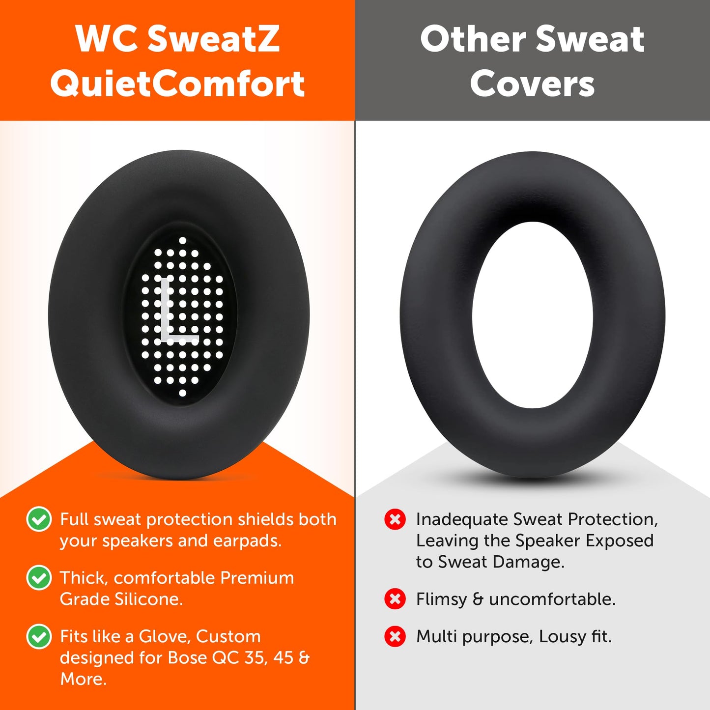WC SweatZ QuietComfort - Patented Earpad Covers for Bose QuietComfort 45, 35, 35ii, QC2, QC25, QC15, AE2, AE2i, SoundTrue, SoundLink by Wicked