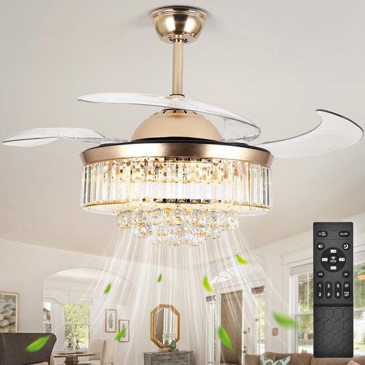 Bavnnro 42'' Fandelier Ceiling Fans with Light, Gold Retractable Crystal Chandelier Fan, Reversible, Remote Control, Dimmable Ceiling Light Kits
