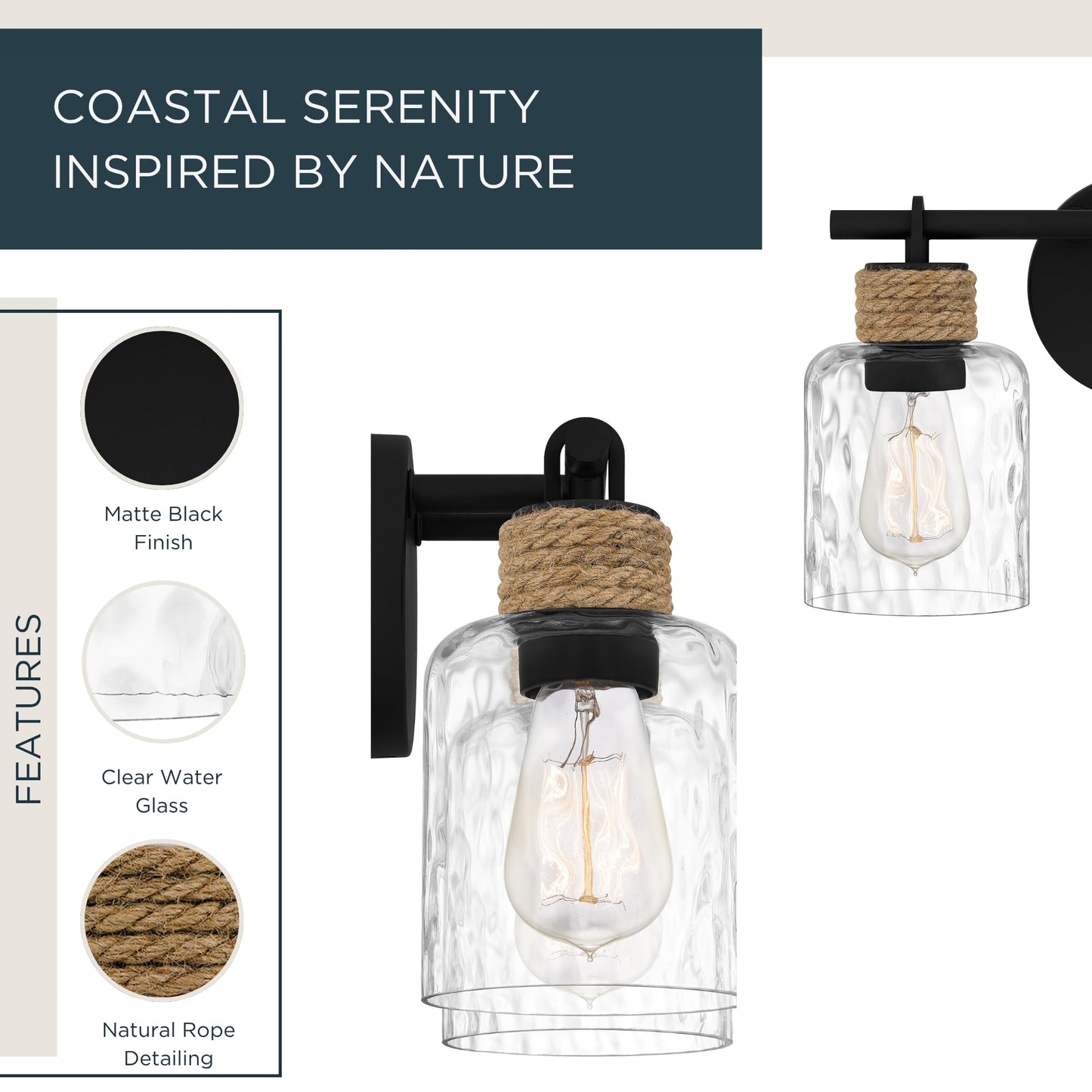 Quoizel Baltic 14.5" Coastal Vanity Light, 2-Light Matte Black with Clear Water Glass, ETL Damp Rated