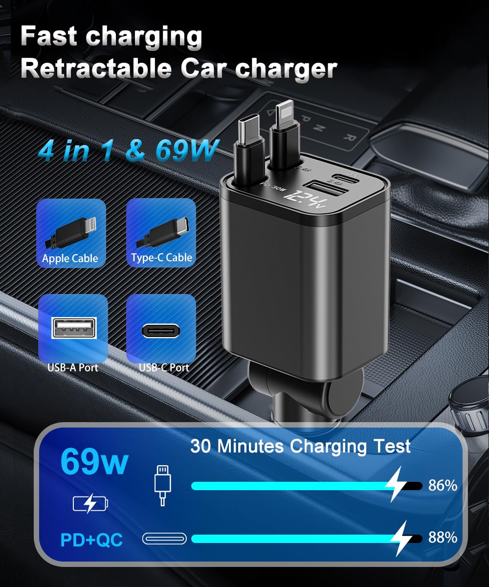 4 in 1 Retractable Car Charger,Super Fast Charging Car Chargers ?with 2 Retractable Cords and 2 UBS Port, Car Adapter for iPhone 16/15/14/13/12 Series