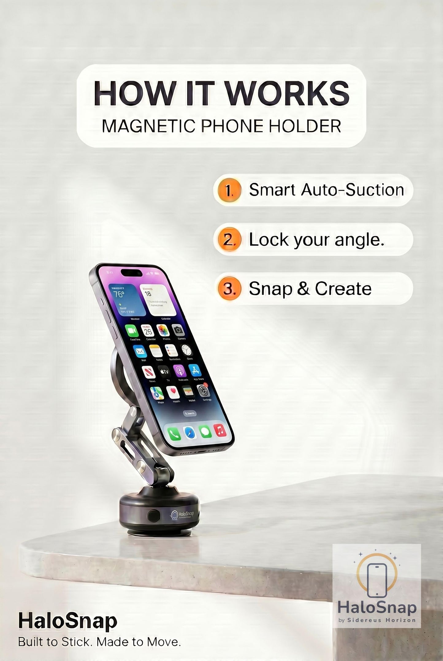 HaloSnap Magnetic Phone Holder for Mag Safe [360° Adjustable] Car Mount & Multi-Surface Wall Grip | Dashboard, Gym, Kitchen | iPhone 12-17, Samsung |