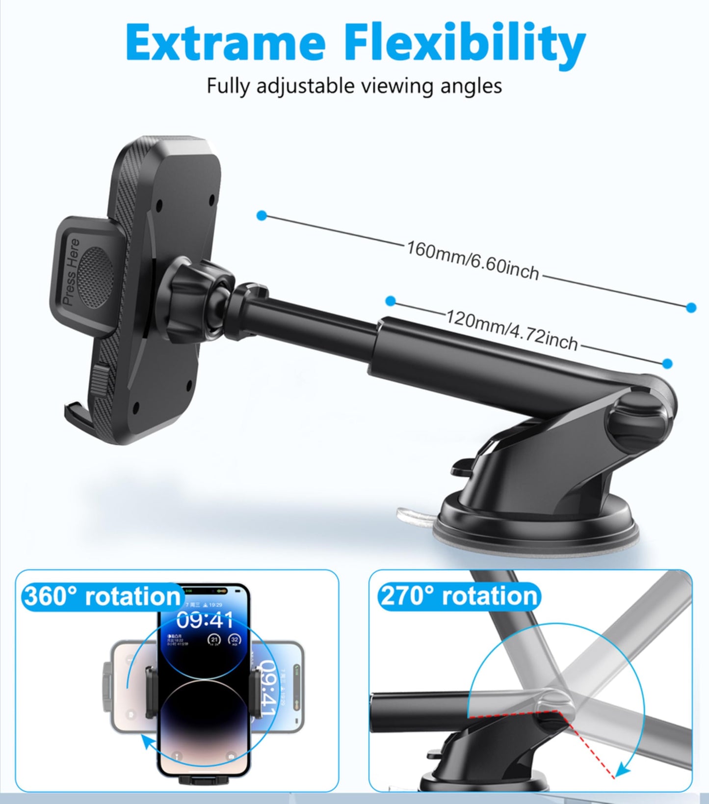 VEDA Car Phone Holder Mount, Cell Phone Holder for Dashboard Windshield, Suction Cup Hands-Free Car Phone Stand, Compatible with iPhone, Samsung