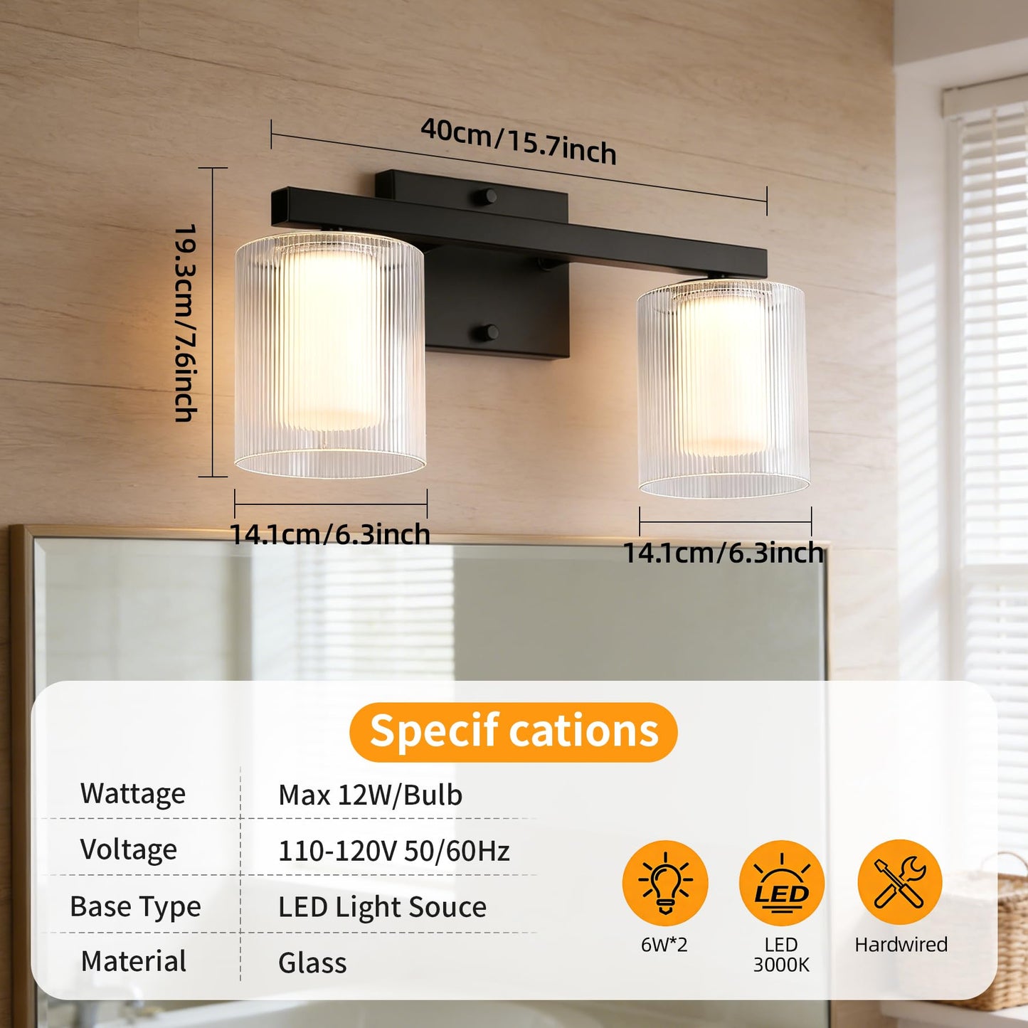Nwaprh 2-Light Bathroom Vanity Light, 15.75" Matte Black LED Bathroom Light Fixture with Ribbed Glass Shades, 3000K Warm White Wall Sconce, Up/Down