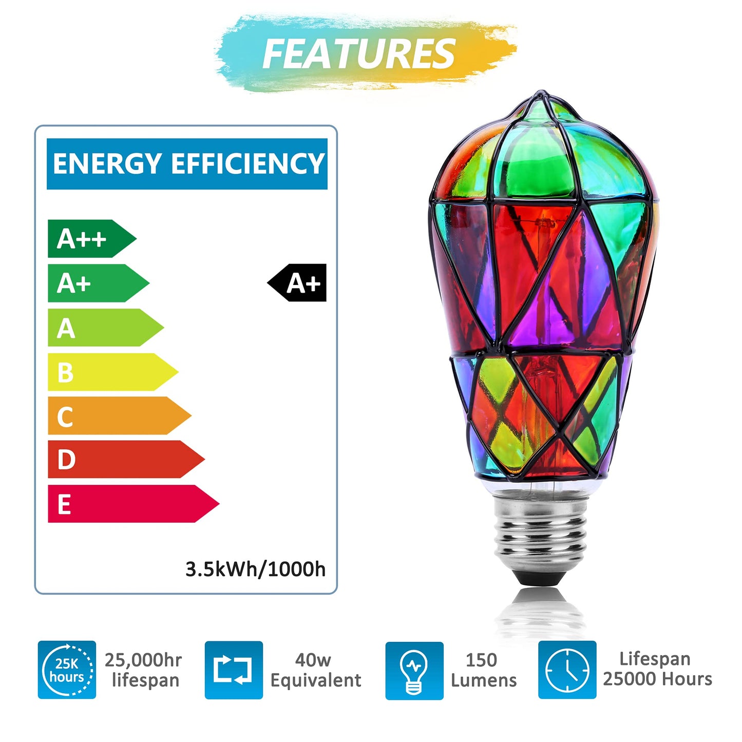 Tidorlou 2 Pack Stained Glass LED Light Bulb, Dimmable E26 Medium Base, ST64 3.5W LED Bulb for Home Party, Balcony, Garden, Christmas Halloween