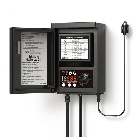 GOODSMANN Low Voltage Transformer 120W Outdoor Lighting Transformer for Landscape Lights with Photo Eye Sensor and Timer 120V AC to 12V AC