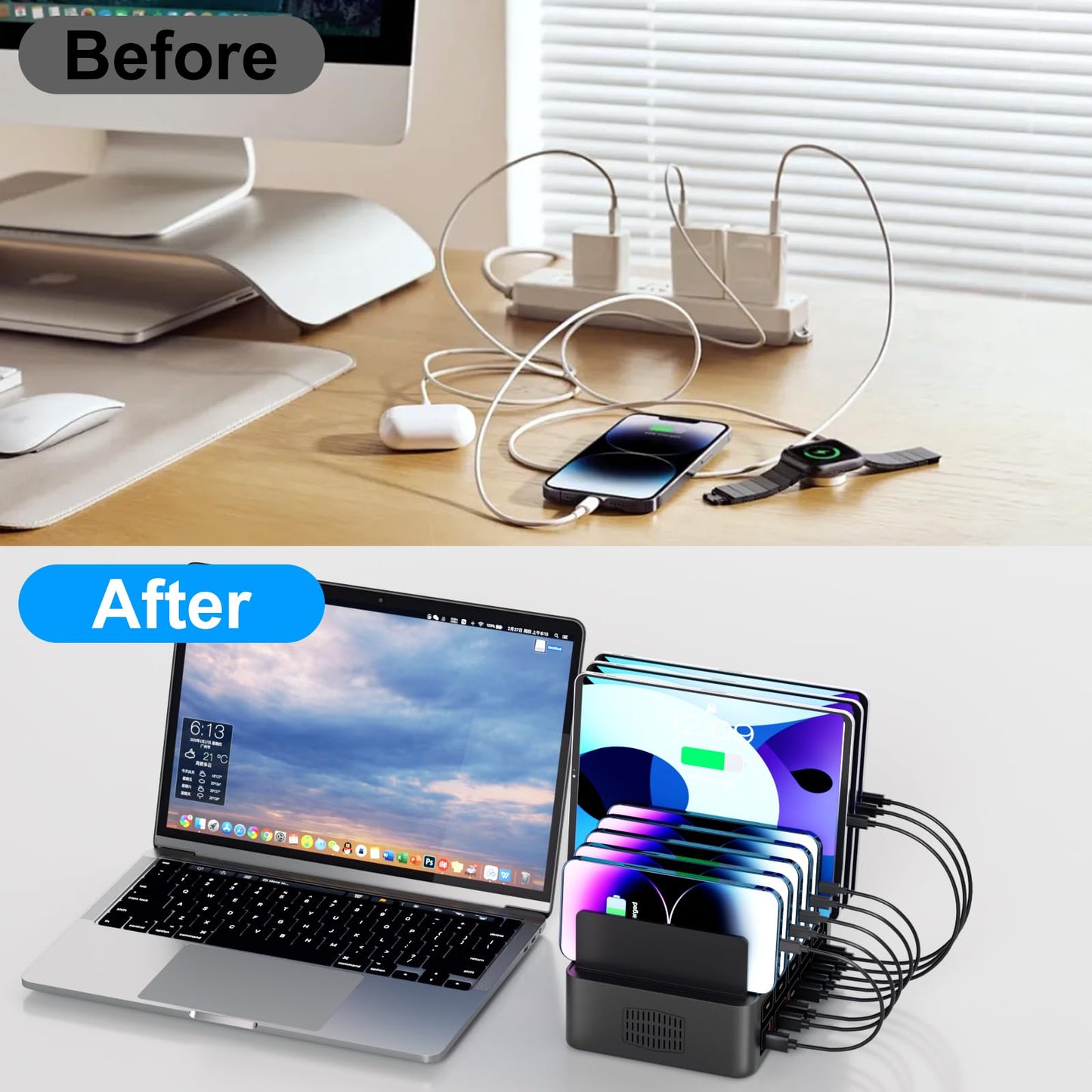 150W/35A Charging Station for Multiple Devices, 20 Port USB C Fast Charging Station with Adjustable Dividers - Organizer Charging Dock for Smartphone