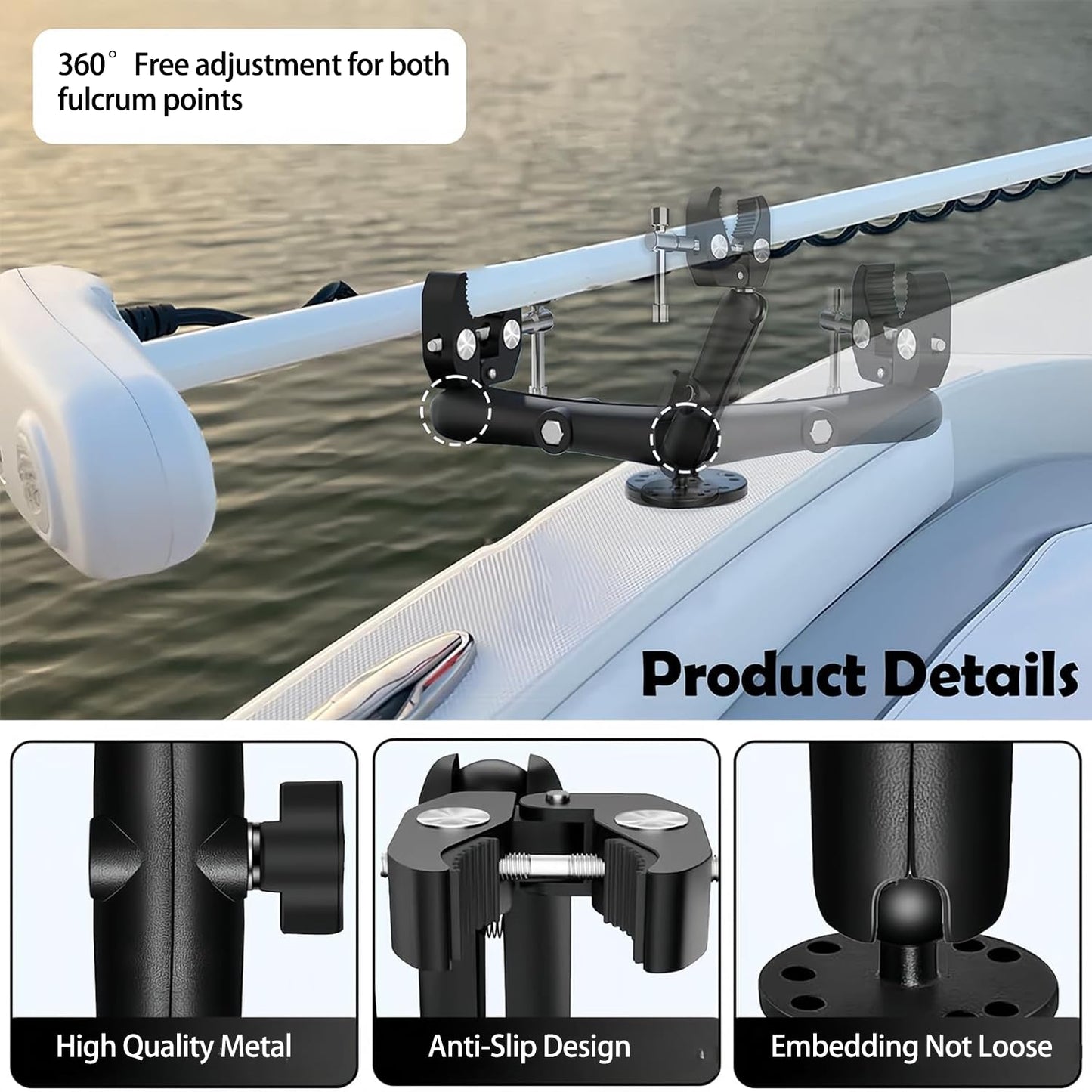 Trolling Motor Stabilizer Mount Support, Tough-Claw Boat Trolling Motor Shaft Reduces Bounce, 360° Adjustable, Fits to 0.6" to 2" Diameter Bar