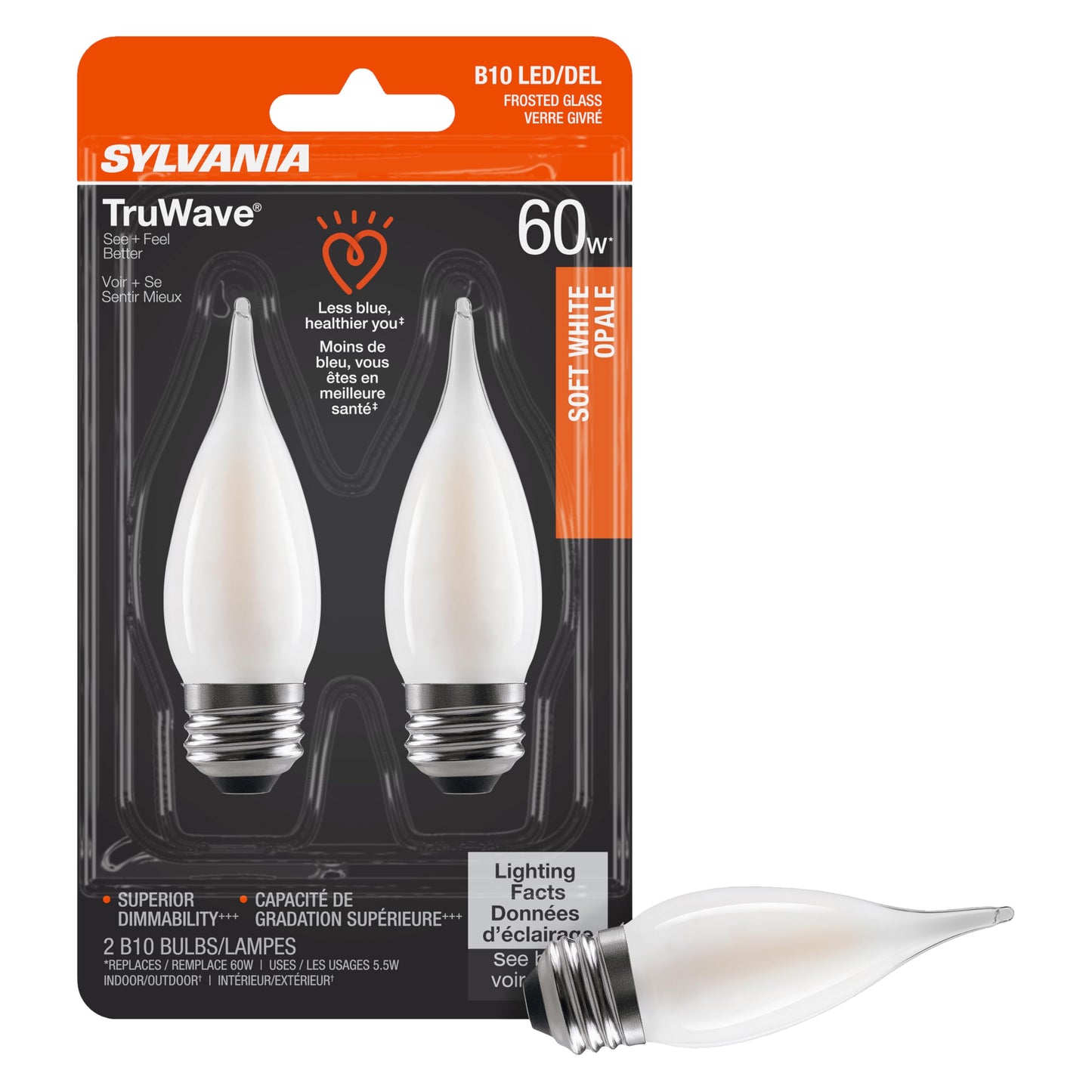 Sylvania LED TruWave Natural Series Candelabra Light Bulb, 60W Soft White Medium Base, Dimmable, Frosted, Candle Tip - 2 Pack