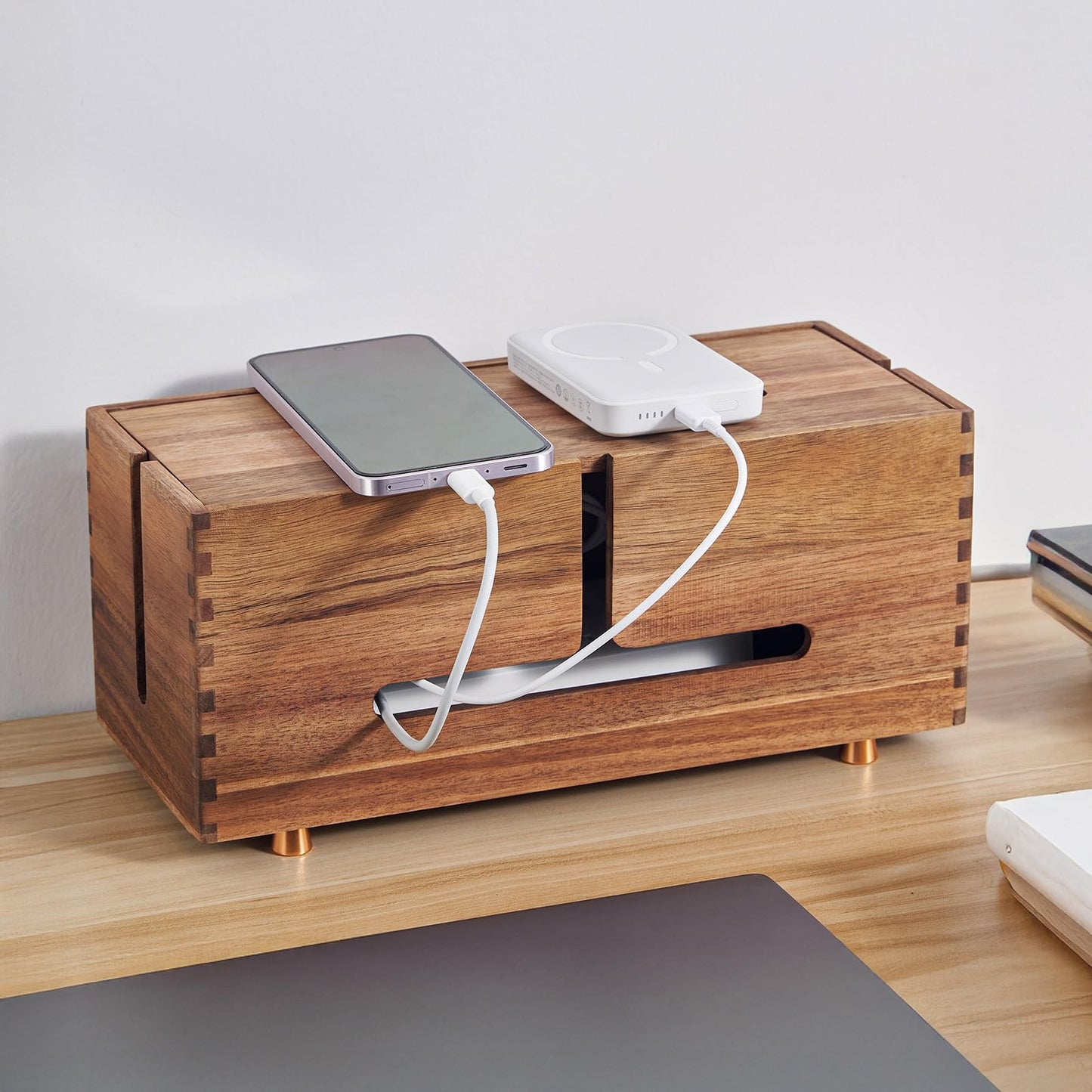 SARUFO Acacia Wood Cable Management Box - Wooden Cord Hider with 4 Metal Feet, Organizer for Desk & Floor, Power Strip TV Wire Concealer, Under Desk