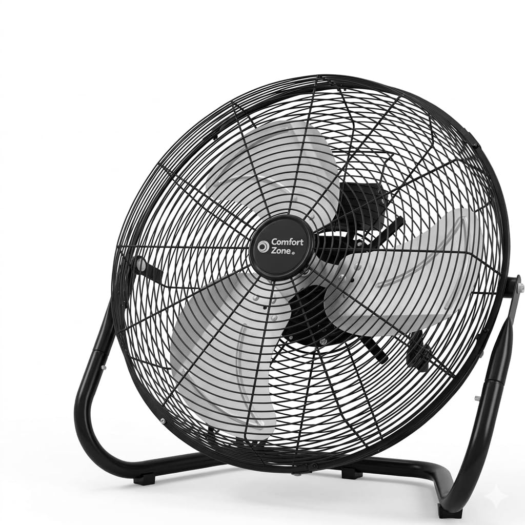 Comfort Zone Cradle Floor Fan, Electric, High-Velocity,180 Degree Adjustable Tilt, 18 inch, 3 Speed, Carry Handle, Rubber Feet, Metal, Airflow 19.36
