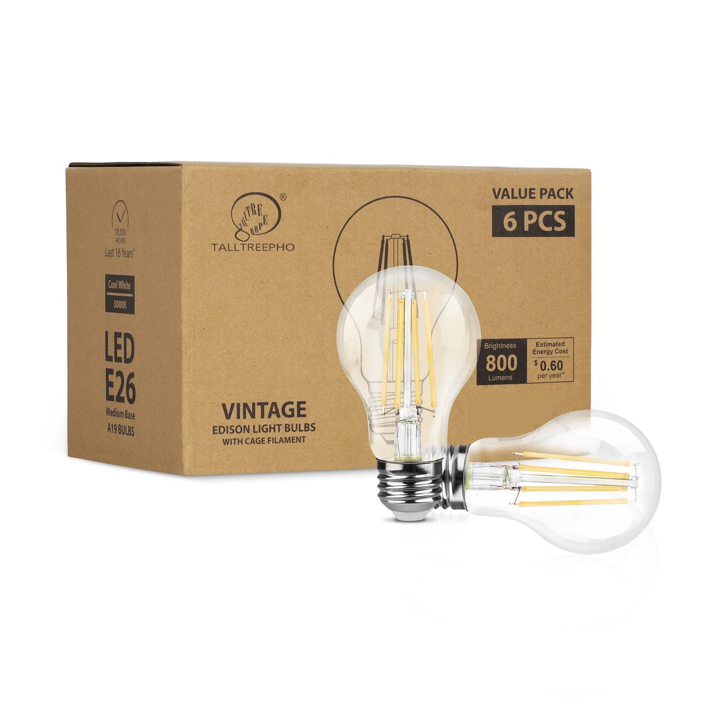 Talltreepho A19 LED Edison Bulbs 60W Equivalent, Energy Saving 800 Lumen Soft White E26 8W Non-Dimmable Clear 3000 Kelvin Natural Warm LED Light