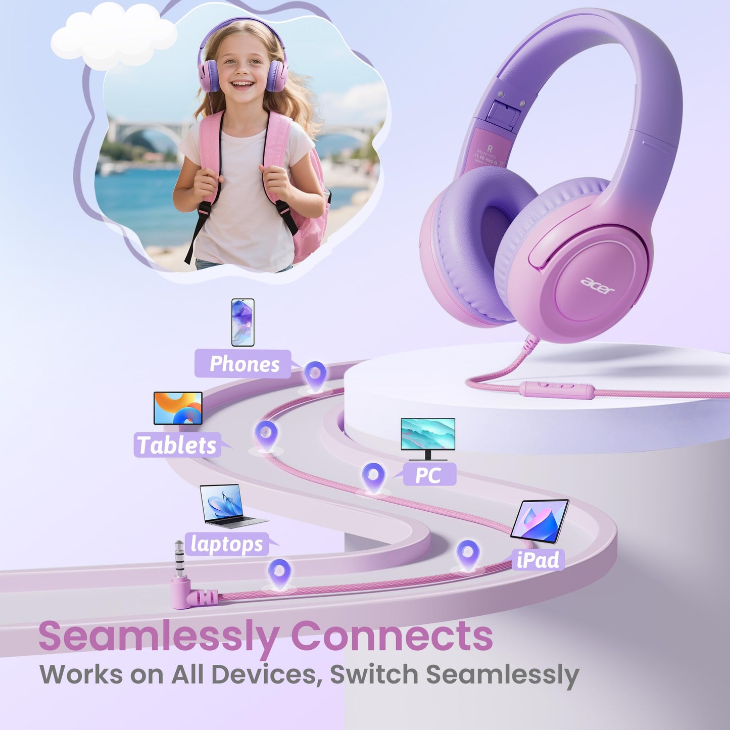 Acer Kids Headphones for School, 85-94dB Limiter, 3.5mm Jack, w/Mic HK03