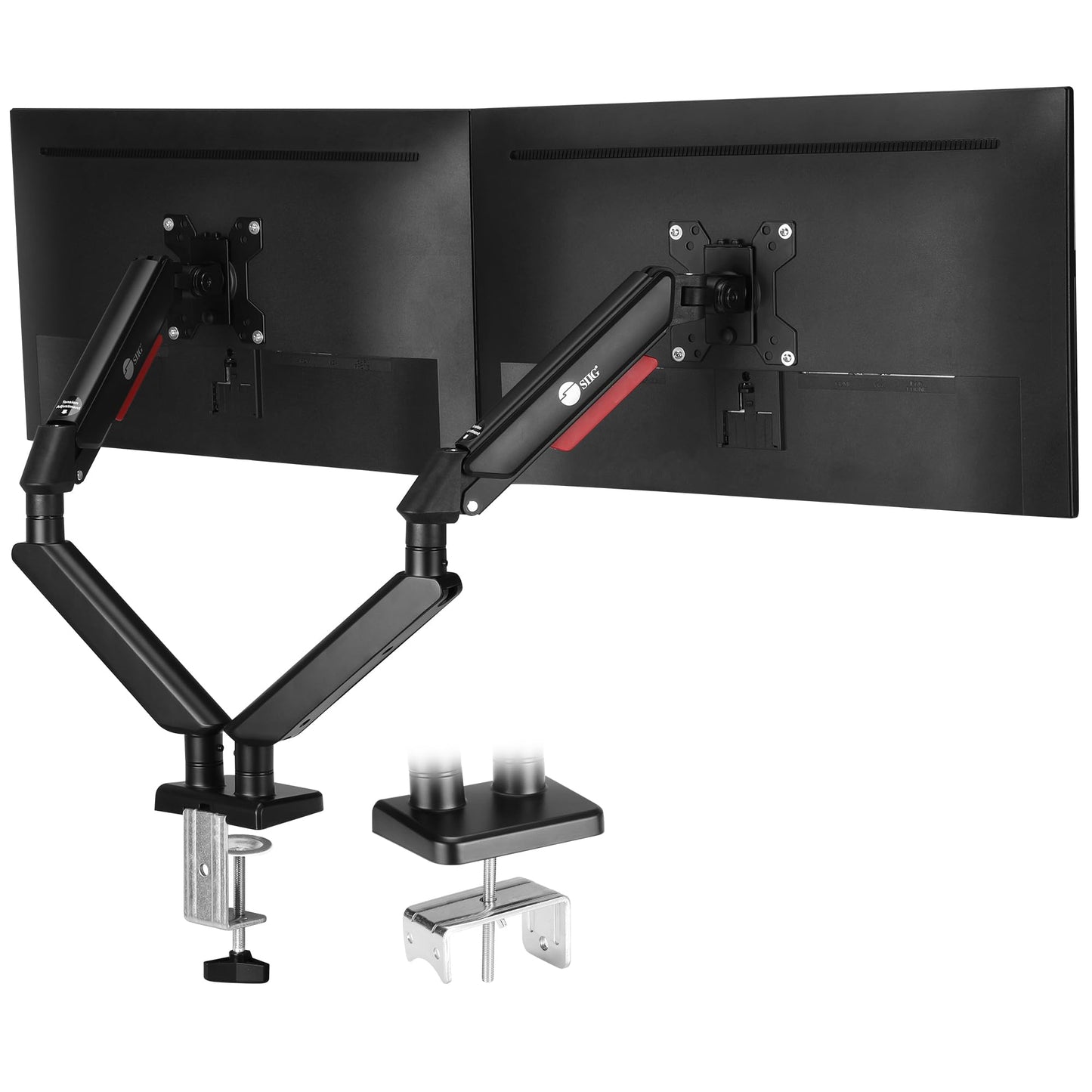 SIIG Dual Monitor Arm Stand for Desk - Fully Adjustable Gas Spring Mount Holds 22 lbs and 13-32 Inch Screens, VESA 75x75 100x100 with C-Clamp