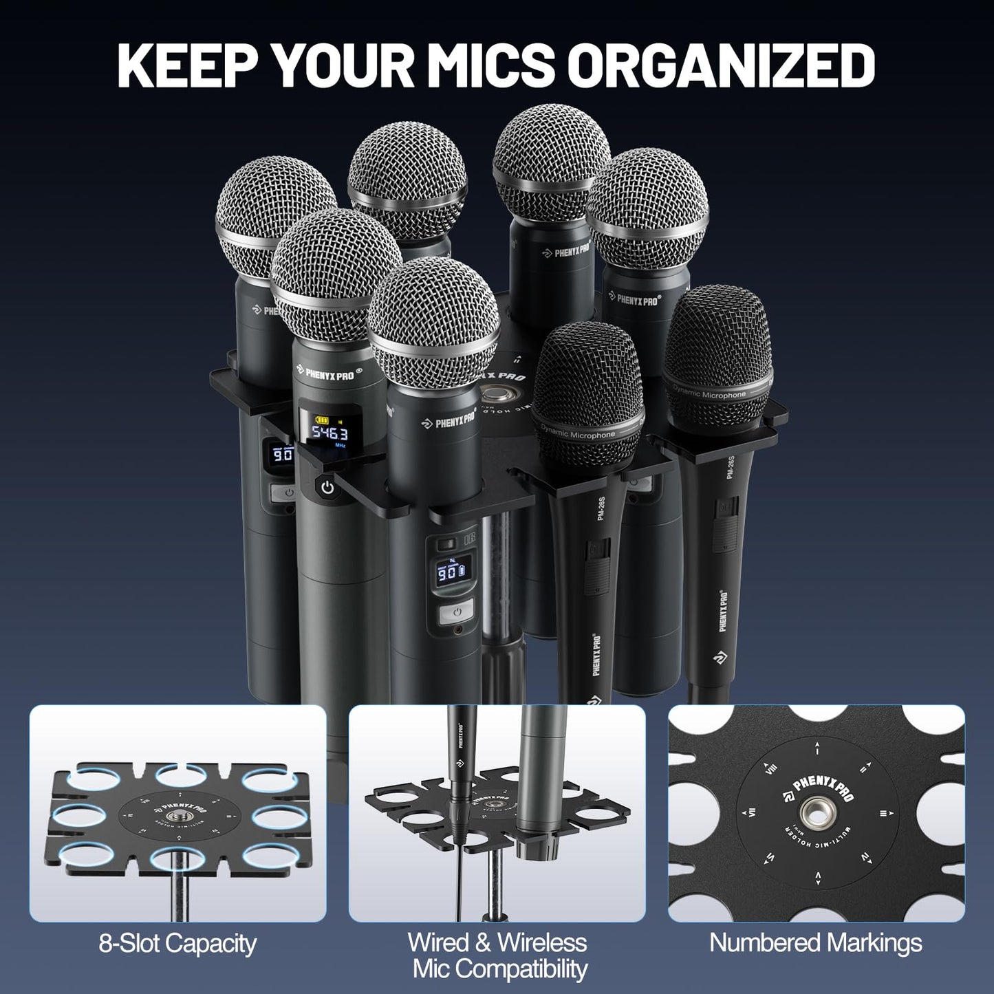 Phenyx Pro MA-H1 8-Slot Multi-Microphone Holder, Wired & Wireless Handheld Microphone Organizer and Display, Mics Storage Hanger, Compatible with 3/8"