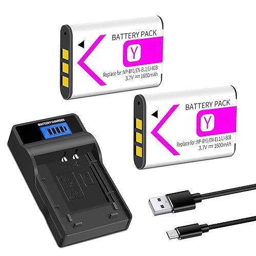 NP-BY1 Battery 2-Pack with Charger Compatible for Sony NP BY1 EN-EL11 Li-60B DLi-78 DB-L70 DB-80, for Sony Action Cam Mini HDR-AZ1 Nikon Coolpix S550
