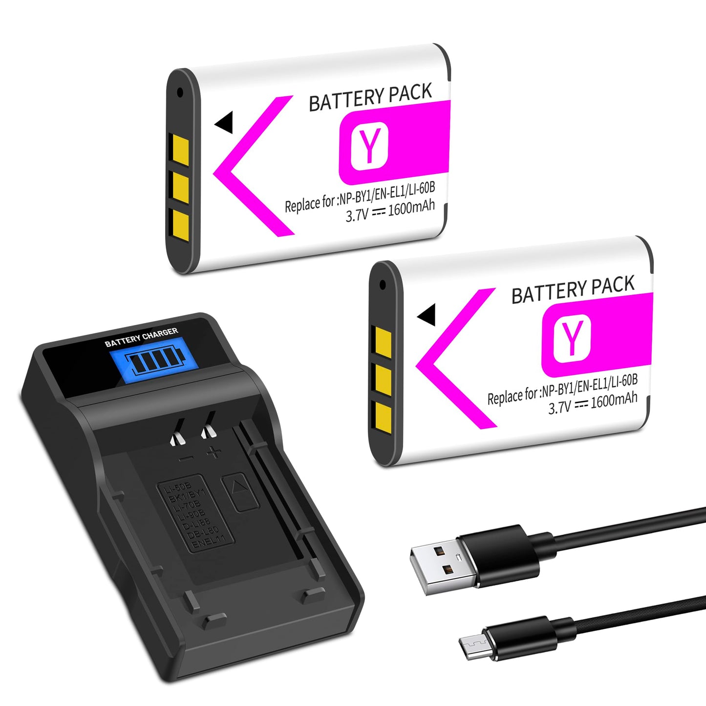 NP-BY1 Battery 2-Pack with Charger Compatible for Sony NP BY1 EN-EL11 Li-60B DLi-78 DB-L70 DB-80, for Sony Action Cam Mini HDR-AZ1 Nikon Coolpix S550