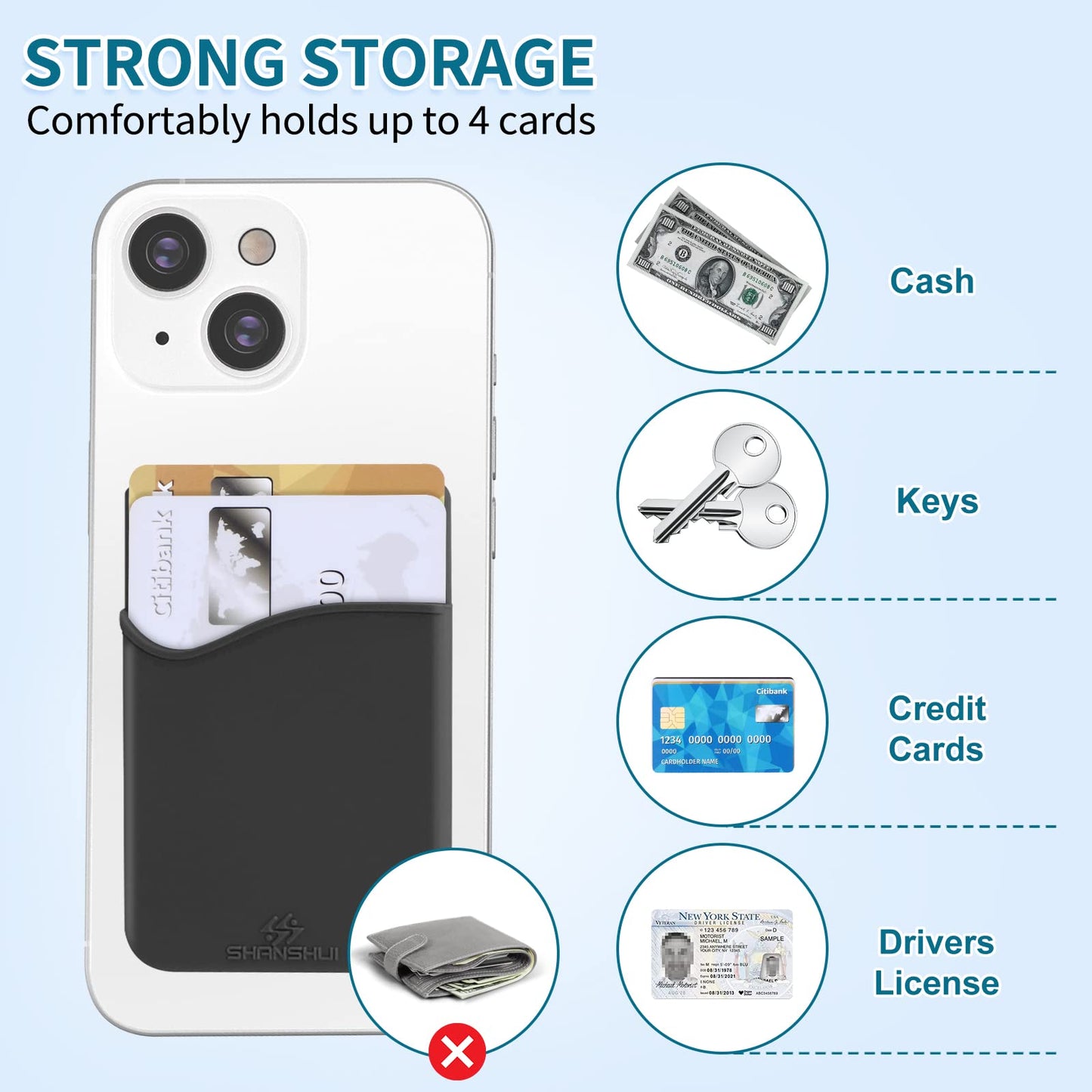 SHANSHUI Card Holder for Phone, Adhesive Phone Wallet Credit ID Business Card Holder Silicone Pocket Stick on Compatible with iPhone & All Smartphones
