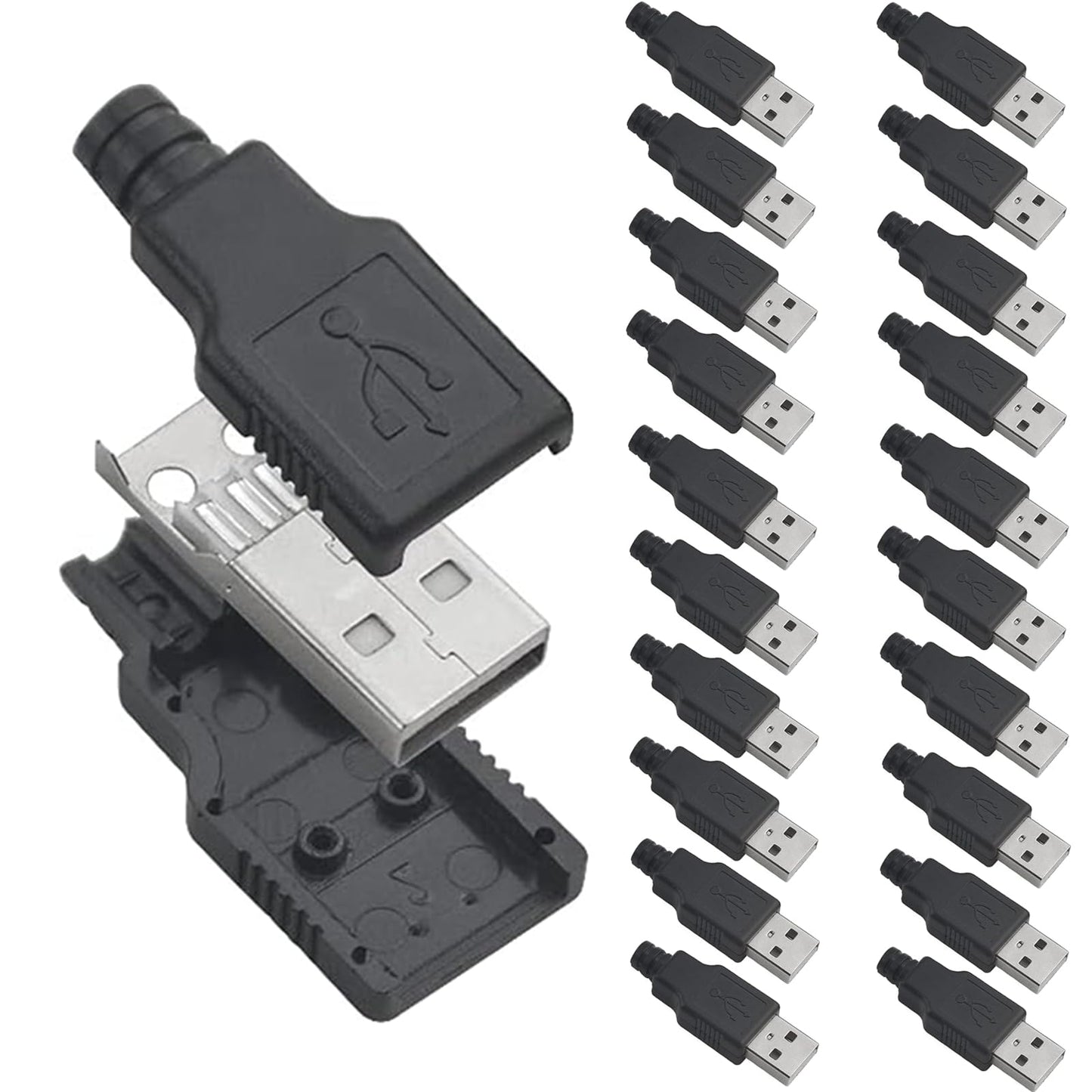 Oiyagai 20-Pack USB 2.0 Type-A Male Connector - 4-Pin Solder Type Plug with Protective Shell for DIY Cables and Repair