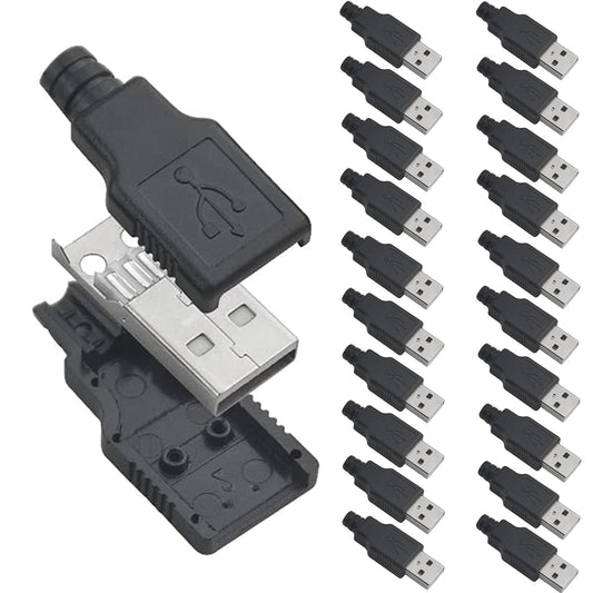 Oiyagai 20-Pack USB 2.0 Type-A Male Connector - 4-Pin Solder Type Plug with Protective Shell for DIY Cables and Repair