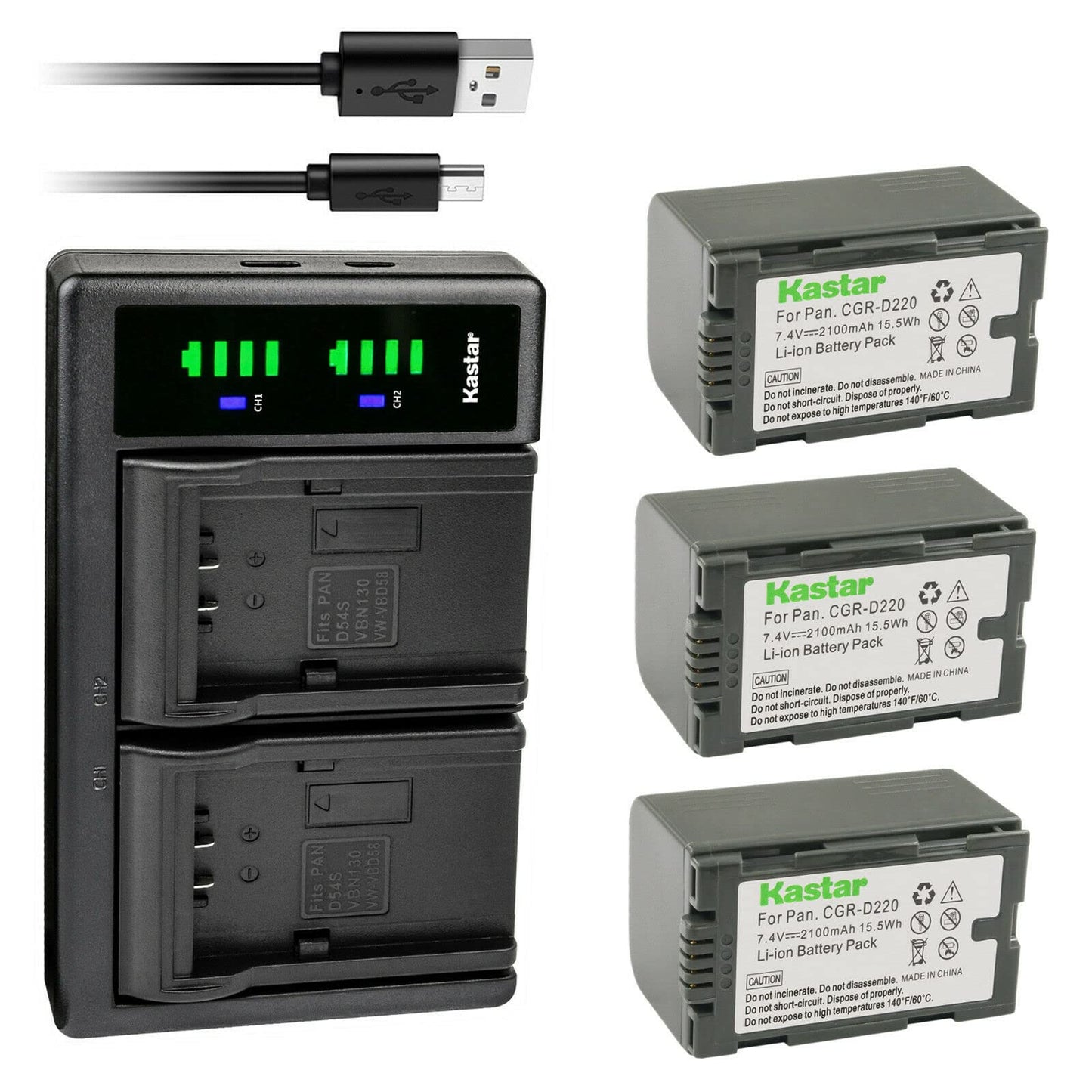 Kastar 3-Pack CGR-D16S Battery and LTD2 USB Charger Compatible with Panasonic AG-AC90 AG-AC90P AG-AC90PJ AG-AC90PX AG-DVC7 AG-DVC7P AG-DVC15 AG-DVC15P