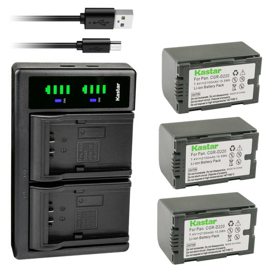 Kastar 3-Pack CGR-D16S Battery and LTD2 USB Charger Compatible with Panasonic AG-AC90 AG-AC90P AG-AC90PJ AG-AC90PX AG-DVC7 AG-DVC7P AG-DVC15 AG-DVC15P